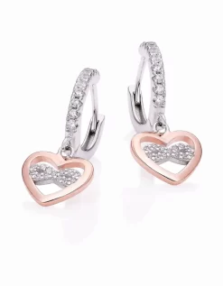 Beaverbrooks Silver Rose Gold Plated Cubic Zirconia Heart Charm Hoop Earrings