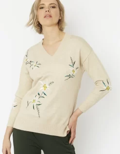 Mocha Wool & Cashmere Blend Floral Embroidered Knit Jumper