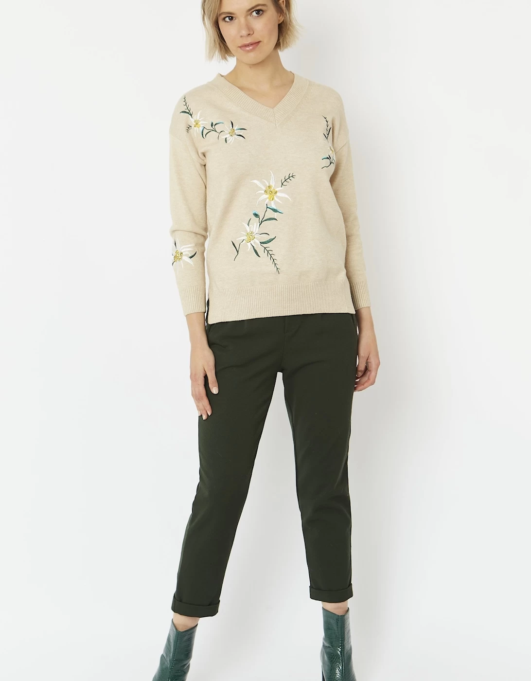 Mocha Wool & Cashmere Blend Floral Embroidered Knit Jumper - Image 2