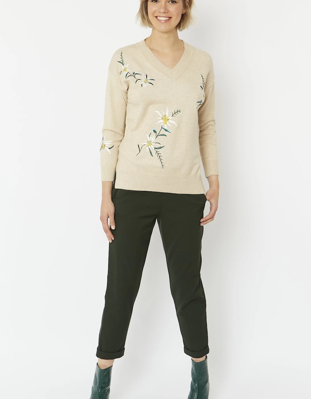 Mocha Wool & Cashmere Blend Floral Embroidered Knit Jumper - Image 4