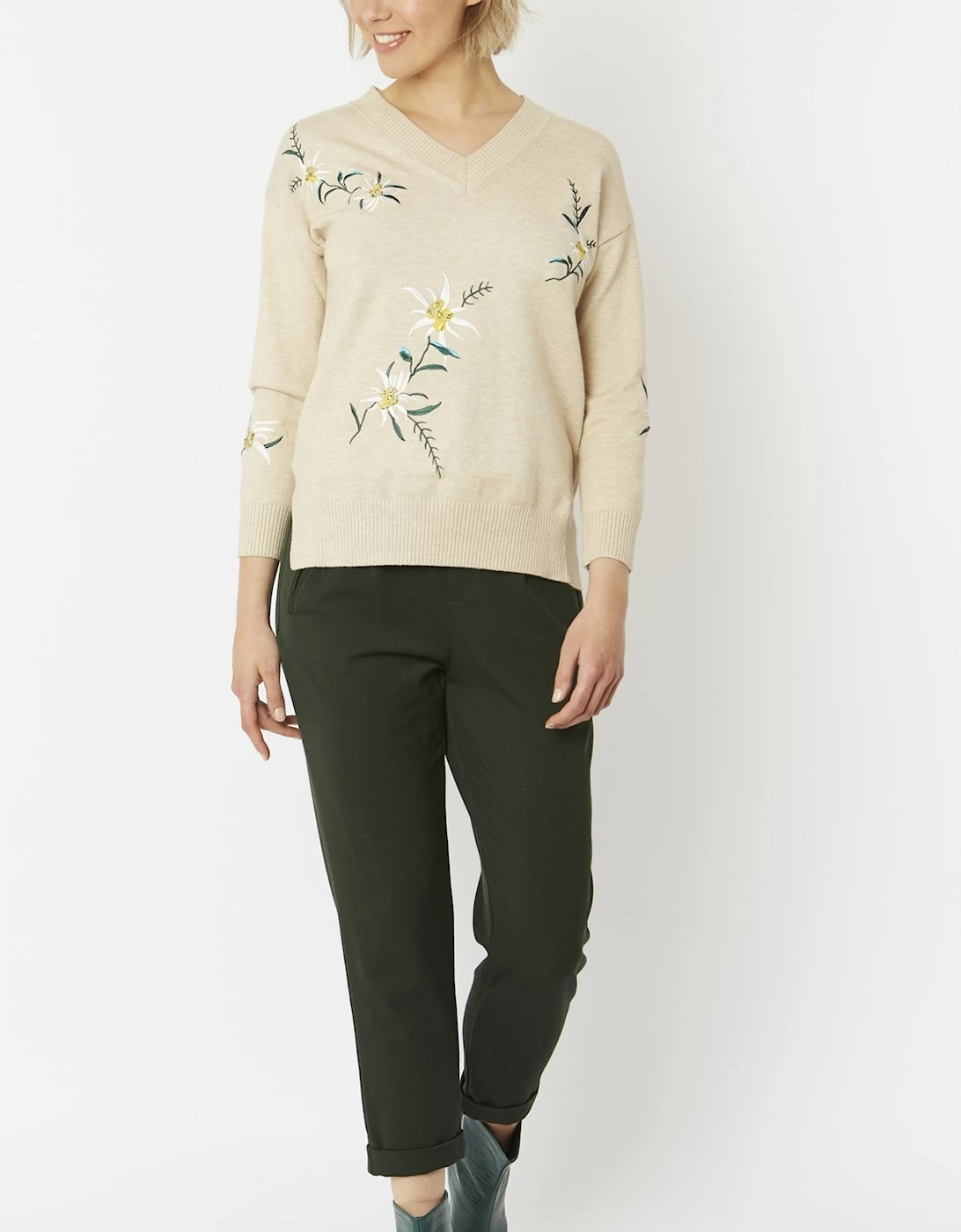 Mocha Wool & Cashmere Blend Floral Embroidered Knit Jumper - Image 7