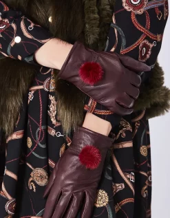 Red Lambs Leather Gloves Faux Fur Pom Pom