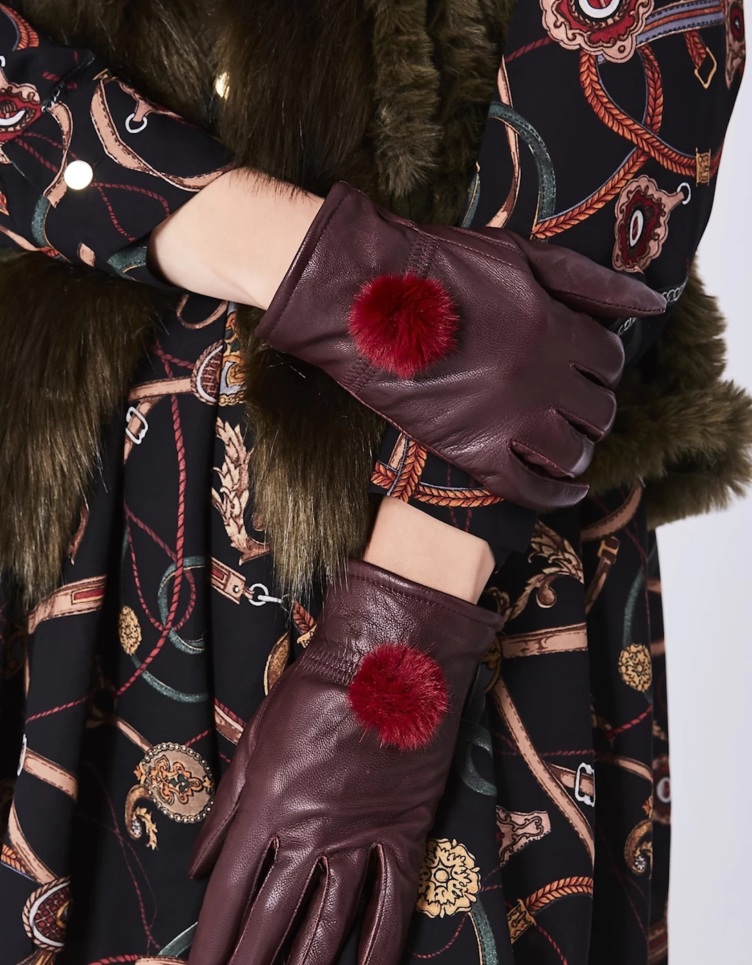 Red Lambs Leather Gloves Faux Fur Pom Pom
