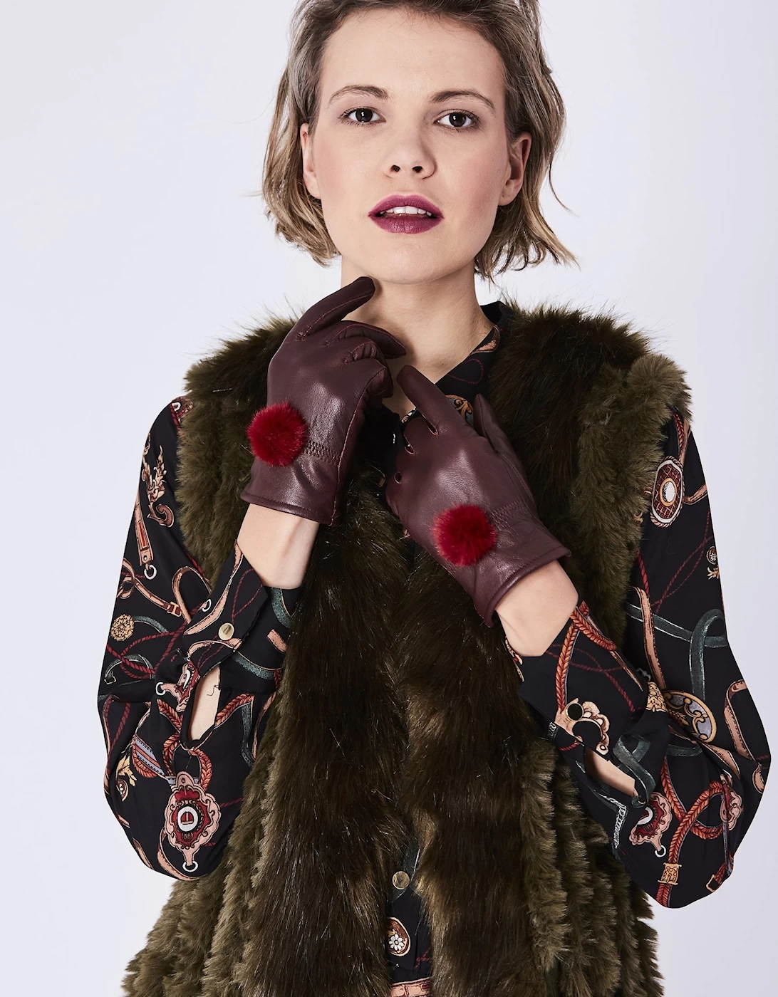 Red Lambs Leather Gloves Faux Fur Pom Pom - Image 2