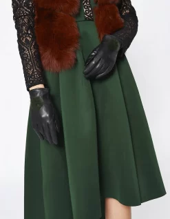 Green Lambs Leather Gloves Faux Fur Pom Pom