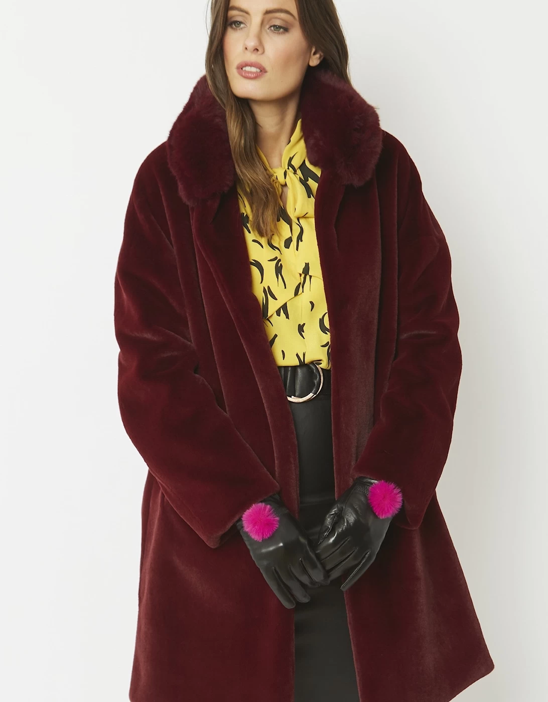 Pink Lambs Leather Gloves Faux Fur Pom Pom - Image 4