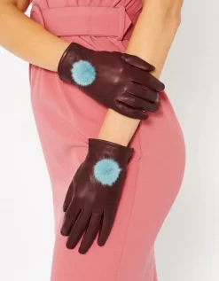 Blue Lambs Leather Gloves Faux Fur Pom Pom