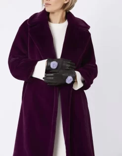 Purple Lambs Leather Gloves Faux Fur Pom Pom