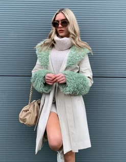 Cream Faux Suede Aurora Coat With Faux Shearling Cuff & Collar