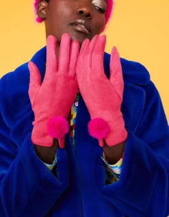 Pink Faux Suede Gloves With Faux Fur Pom