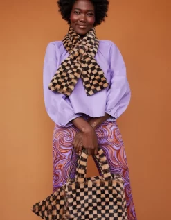 Mocha And Black Checkered Faux Fur Scarf With Bow Detail Fastening