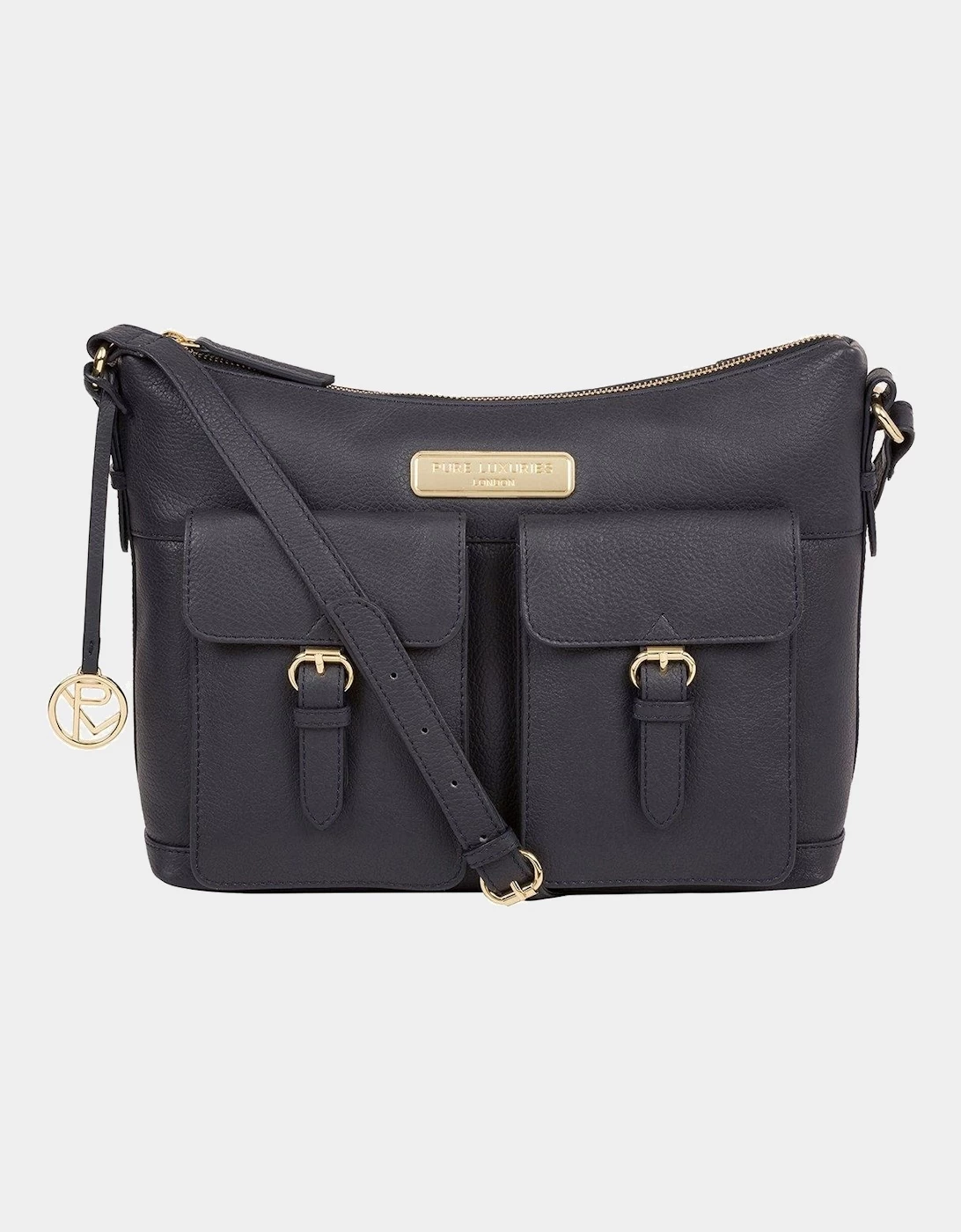 Pure Luxuries London Jenna Zip Top Leather Crossbody Bag - Navy