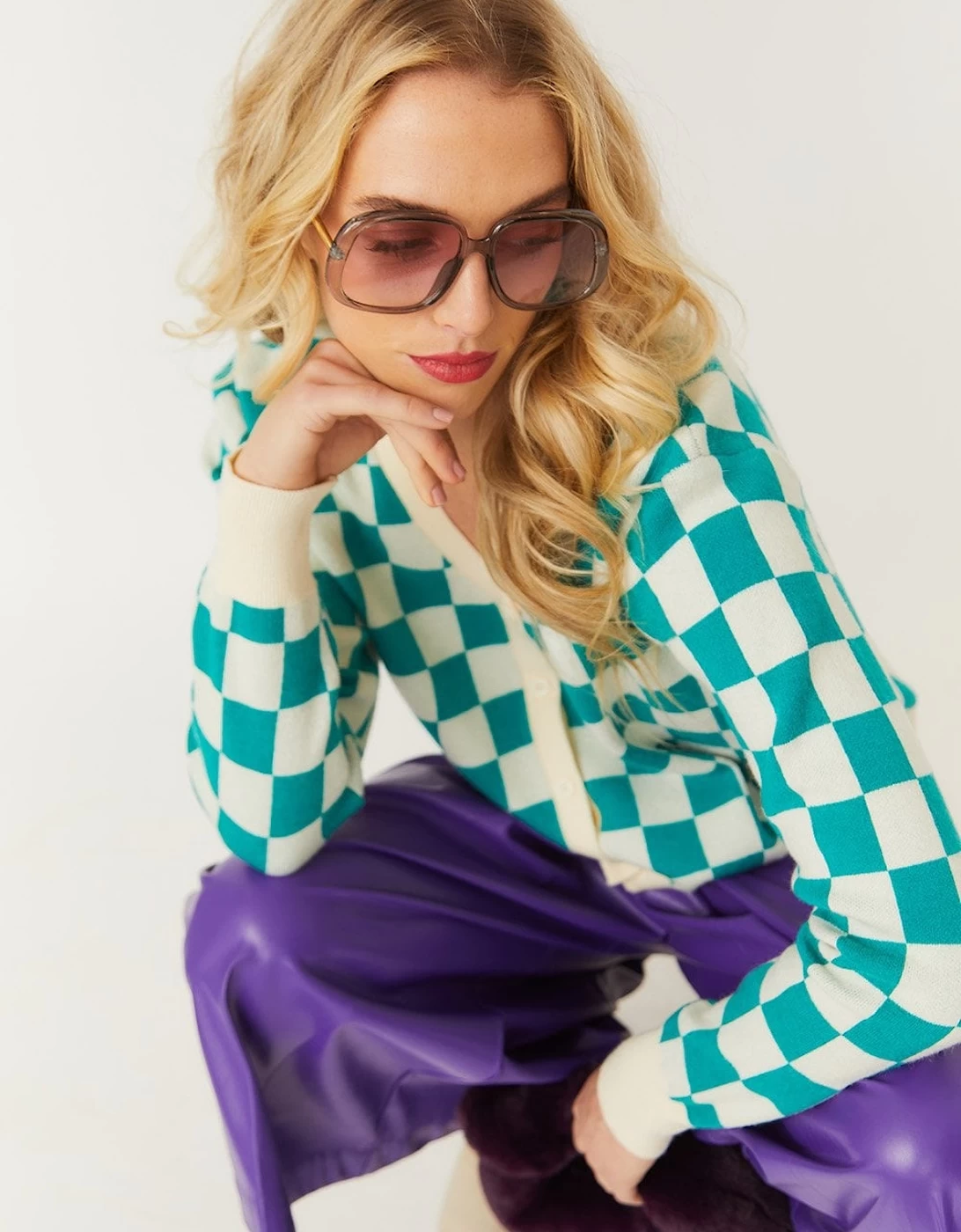 Check Green And White Cashmere Cardigan