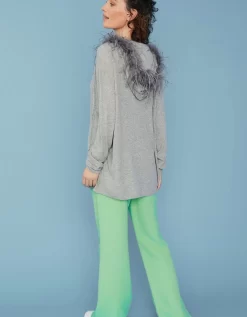 Grey Cashmere Blend Hooded Jumper With Feathered Hood