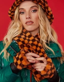 Faux Fur Check Fingerless Gloves