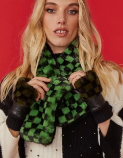 Mint And Black Checkered Print Multi-way Faux Fur Scarf
