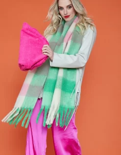 Green And Pink Multi Check Cashmere Blend Scarf