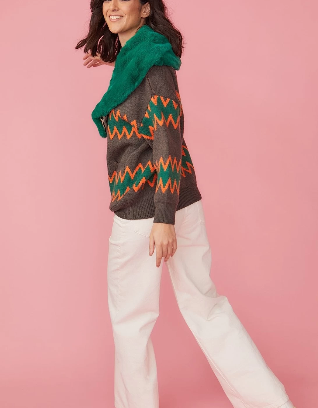 Green Banana Peel & Faux Fur Collar & Cardigan - Image 2