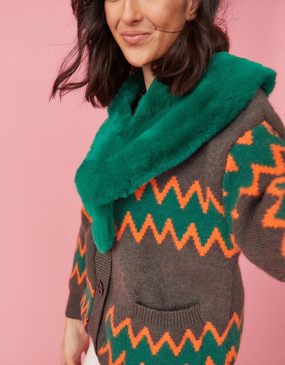 Green Banana Peel & Faux Fur Collar & Cardigan - Image 4