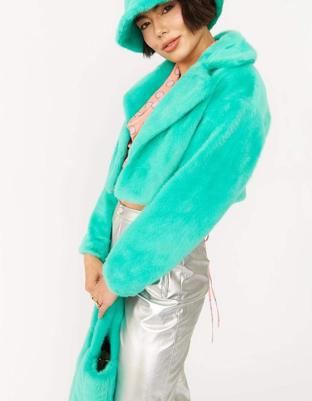 Turquoise Faux Fur Bucket Hat - Image 2