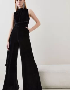 Karen Millen Slinky Velvet Drape Detail Wide Leg Jumpsuit