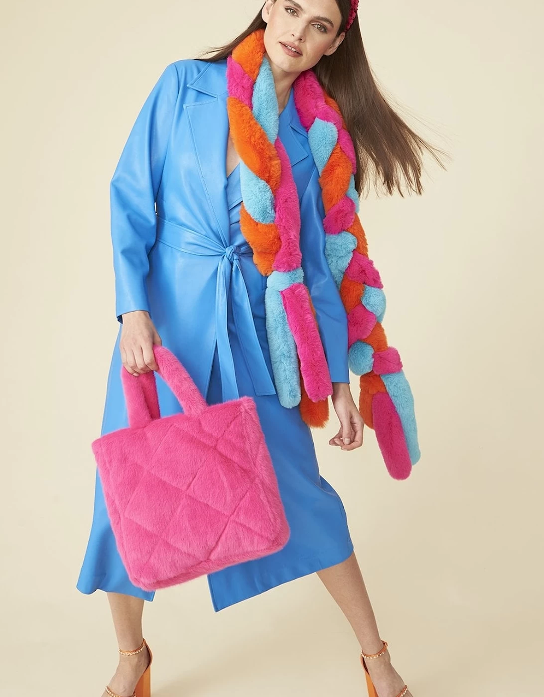 Hot Pink Faux Fur Diamond Stitch Tote Bag - Image 2