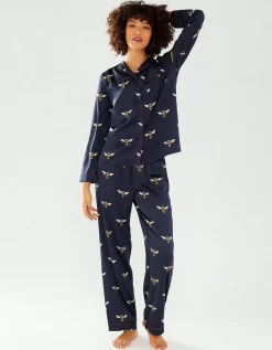 CHELSEA PEERS Satin Bee Long Button Up Pyjama Set - Navy