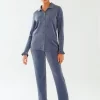 CHELSEA PEERS Lurex Frill Hem Button Up Long Pyjama Set - Navy