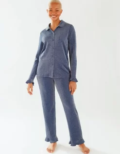 CHELSEA PEERS Lurex Frill Hem Button Up Long Pyjama Set - Navy