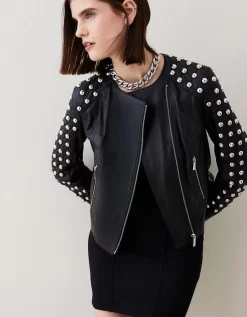 Karen Millen Leather Dome Stud & Quilted Detail Biker Jacket