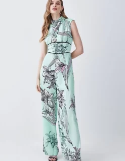 Karen Millen Hammered Satin Woven Twist Neck Jumpsuit