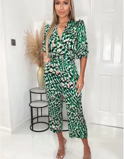AX Paris Abstract Print Wrap Jumpsuit - Green