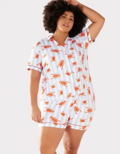 CHELSEA PEERS V Neck Printed Button Up Poly Short Set - Blue