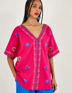 Monsoon Drop Slv Embroidered Top - Pink