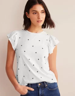 Boden Embroidered Flutter Sleeve Top